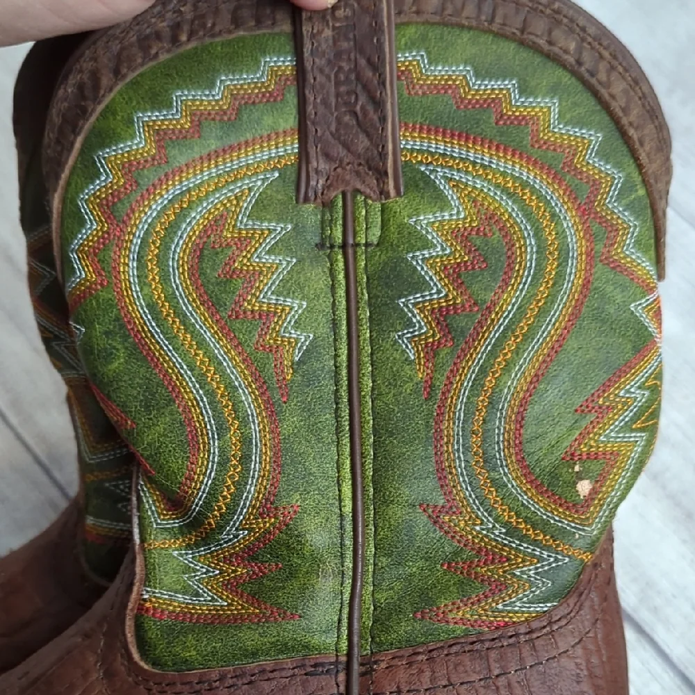 Durango Brown Leather Kids Cowboy Boots with Green Embroidered Shaft